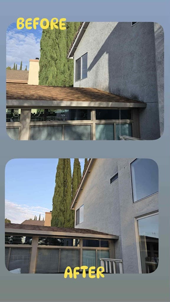 Two-story stucco exterior before and after soft wash cleaning